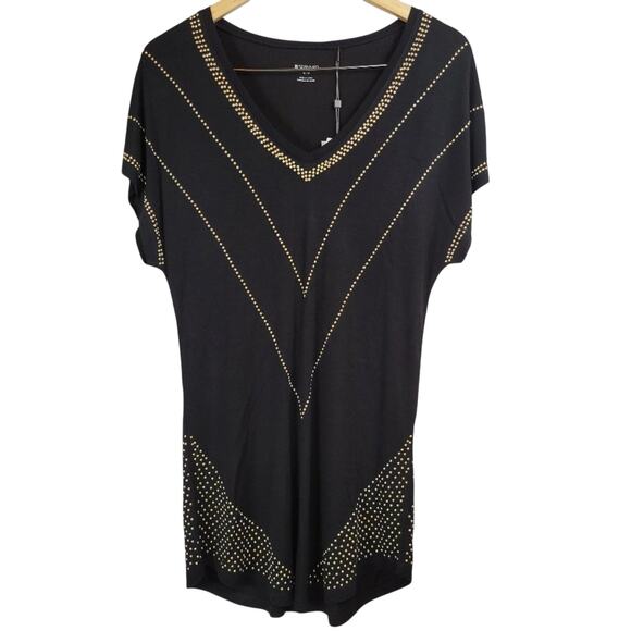 SPaNNER Black Gold Studded V Neck Short Sleeve Rayon Tunic Top M New With Tags - Picture 2 of 12